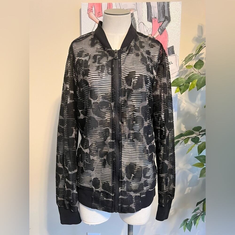 Vintage Streetwear Goth Mondo Sheer Floral Stripe Mesh Zip Bomber Jacket Sz M